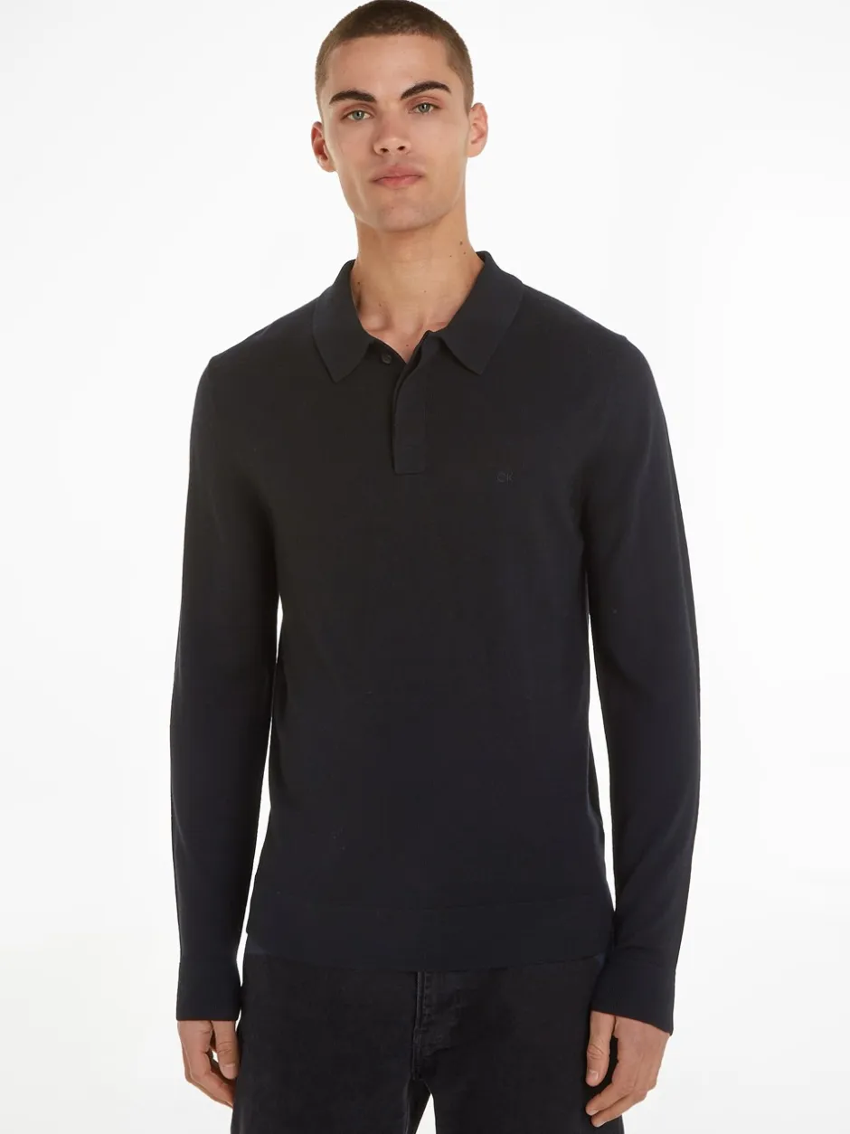 Clearance Calvin Klein Merino Polo Pullover, , XL Sort